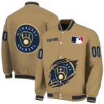 personalized milwaukee brewers claw swipe beige varsity jacket best selling