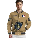 personalized milwaukee brewers claw swipe beige varsity jacket best selling