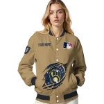 personalized milwaukee brewers claw swipe beige varsity jacket best selling