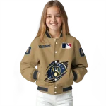 personalized milwaukee brewers claw swipe beige varsity jacket best selling