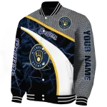 personalized milwaukee brewers electric flash navy blue varsity jacket best selling