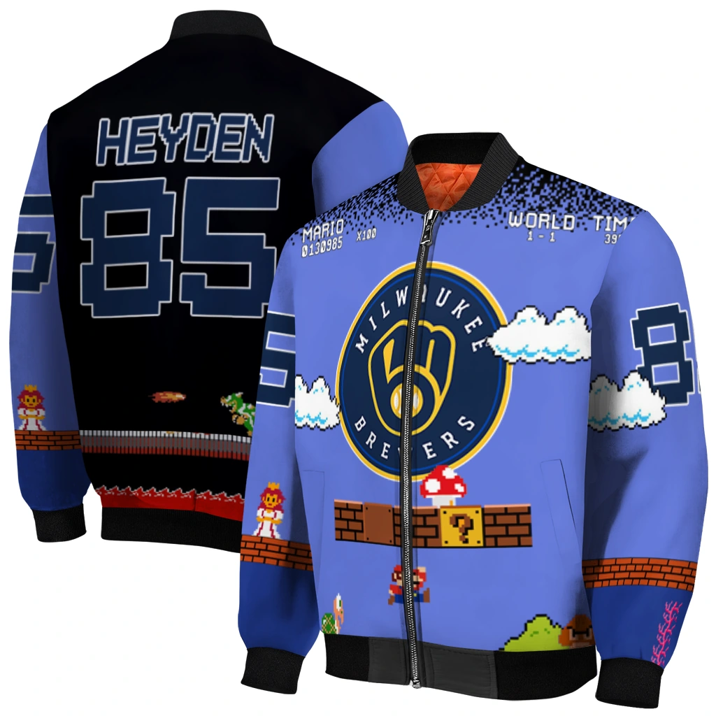 personalized milwaukee brewers mario blocks blue black bomber jacket best selling personalized milwaukee brewers mario blocks blue black bomber jacket best selling