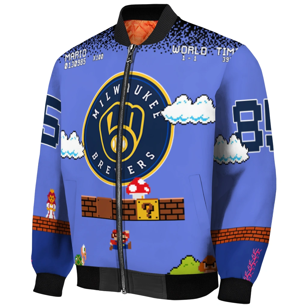 personalized milwaukee brewers mario blocks blue black bomber jacket fashion forward personalized milwaukee brewers mario blocks blue black bomber jacket fashion forward