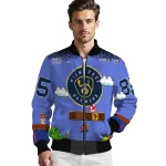 personalized milwaukee brewers mario blocks blue black bomber jacket best selling