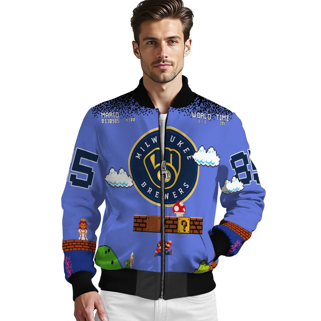 personalized milwaukee brewers mario blocks blue black bomber jacket high quality personalized milwaukee brewers mario blocks blue black bomber jacket high quality