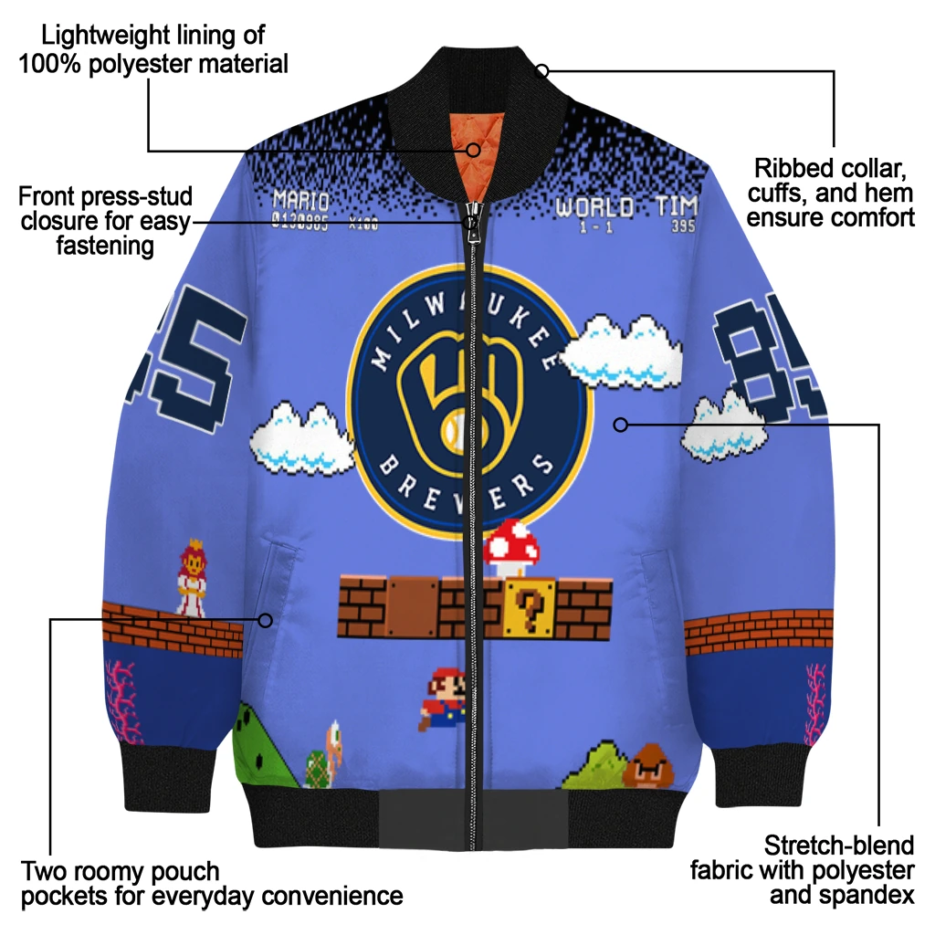 personalized milwaukee brewers mario blocks blue black bomber jacket new arrival personalized milwaukee brewers mario blocks blue black bomber jacket new arrival