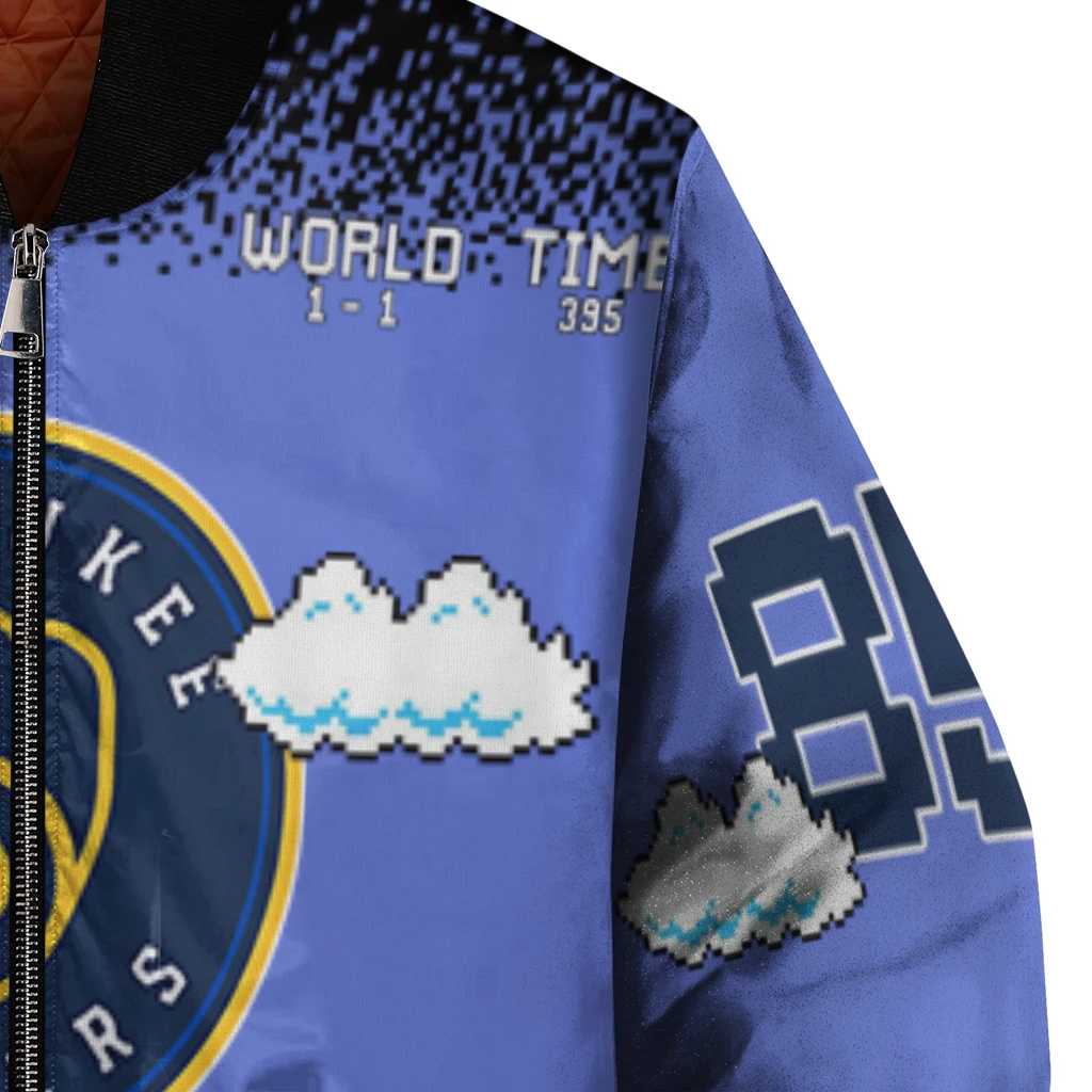 personalized milwaukee brewers mario blocks blue black bomber jacket premium grade personalized milwaukee brewers mario blocks blue black bomber jacket premium grade