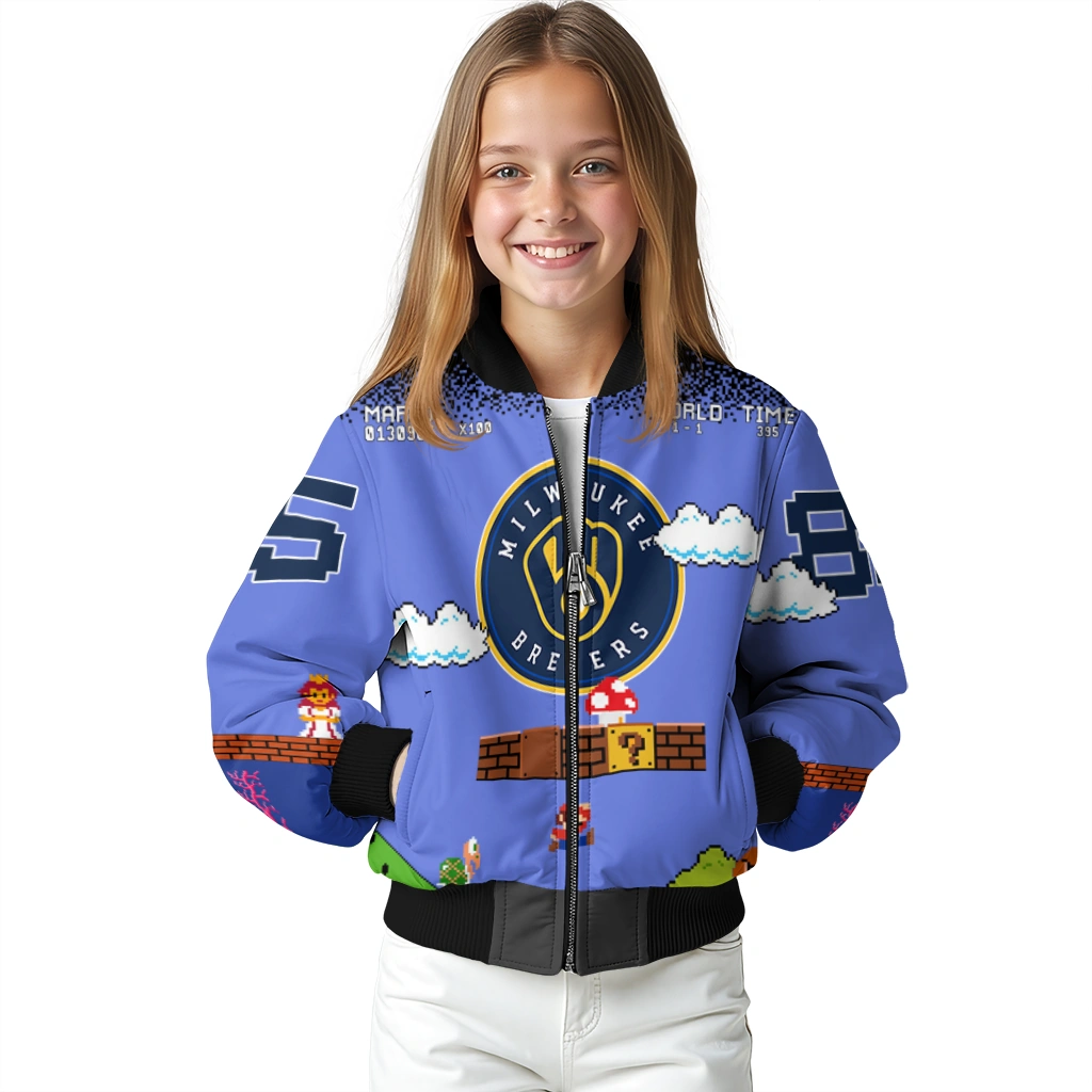 personalized milwaukee brewers mario blocks blue black bomber jacket top rated personalized milwaukee brewers mario blocks blue black bomber jacket top rated