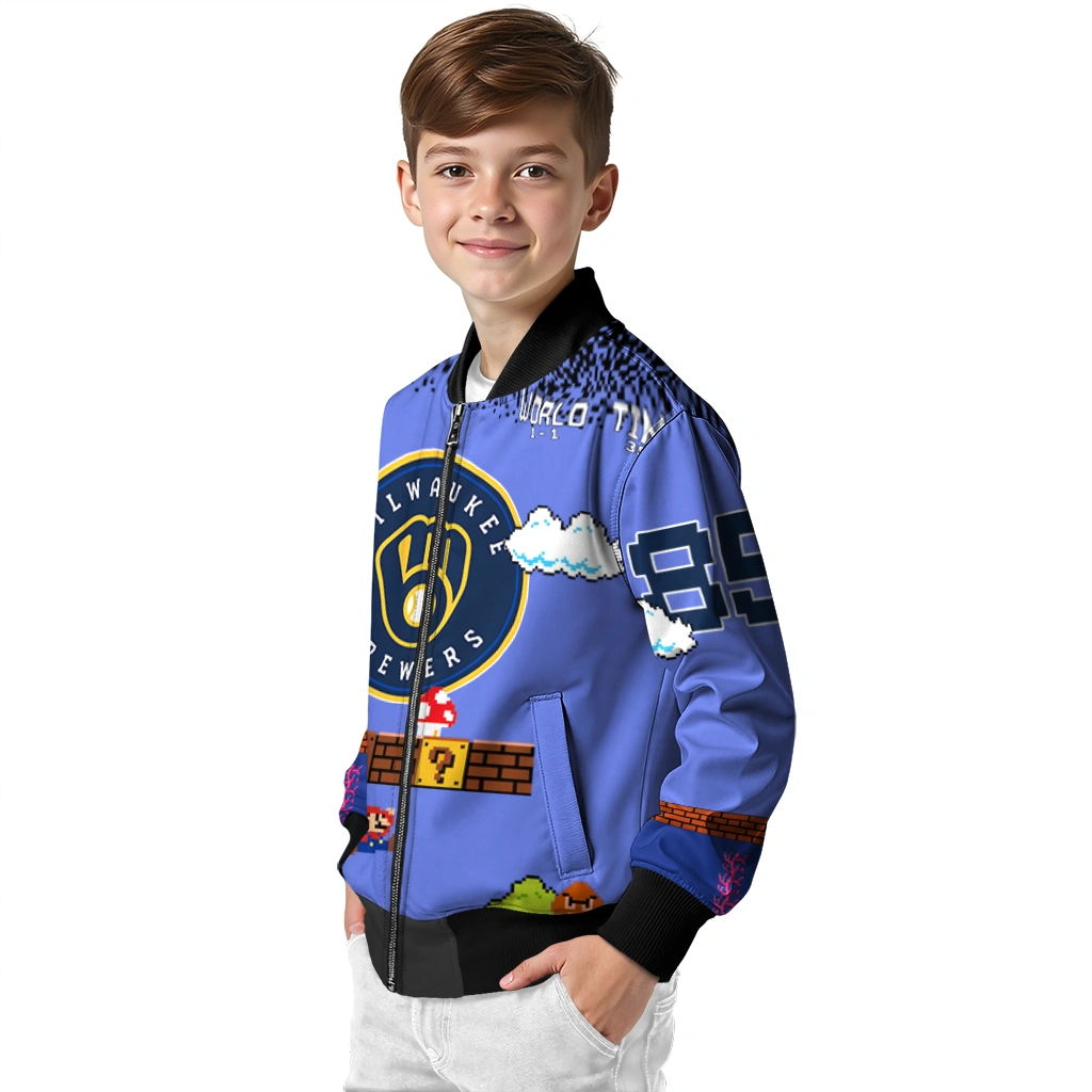 personalized milwaukee brewers mario blocks blue black bomber jacket trendy personalized milwaukee brewers mario blocks blue black bomber jacket trendy