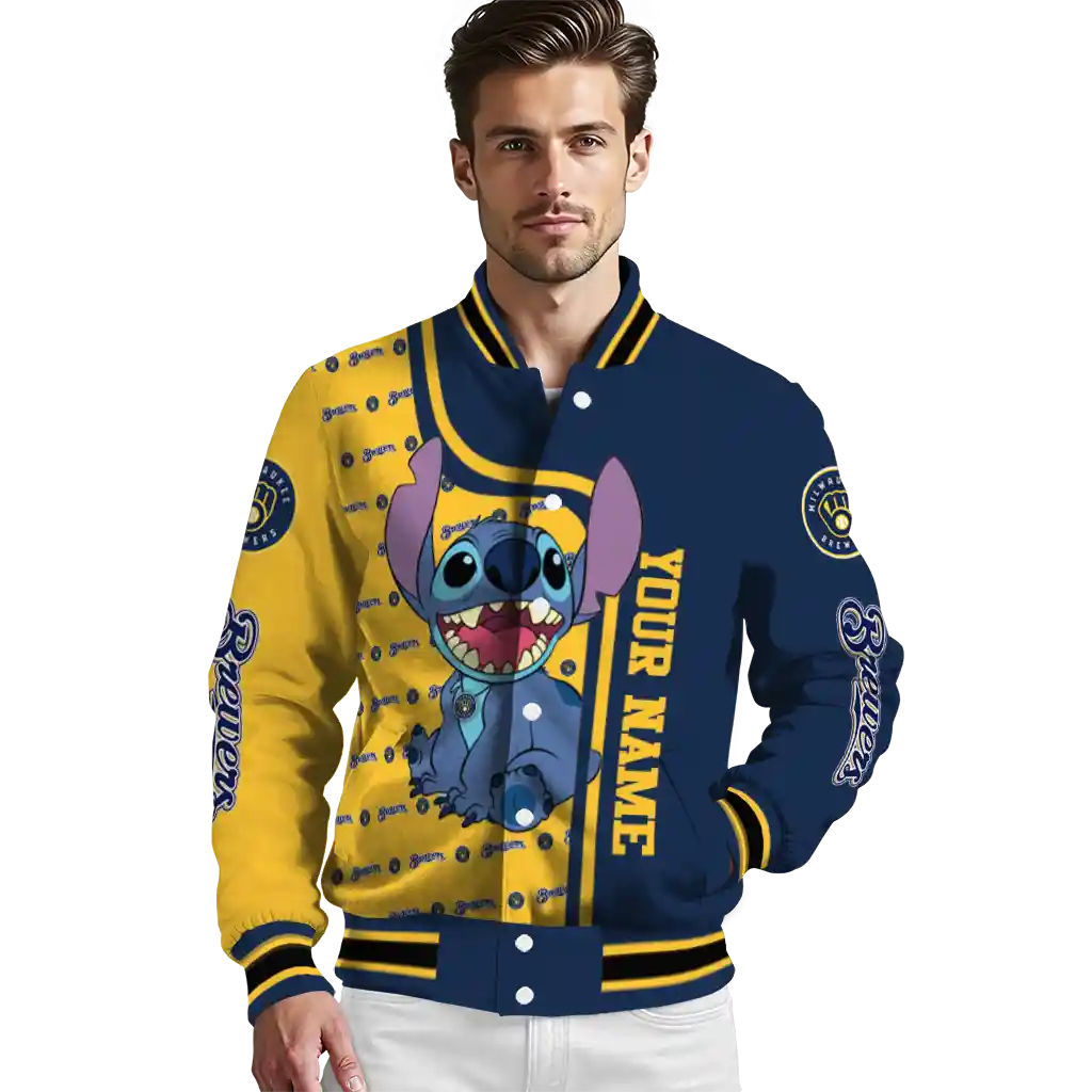 personalized milwaukee brewers stitch laughing navy blue varsity jacket high quality personalized milwaukee brewers stitch laughing navy blue varsity jacket high quality
