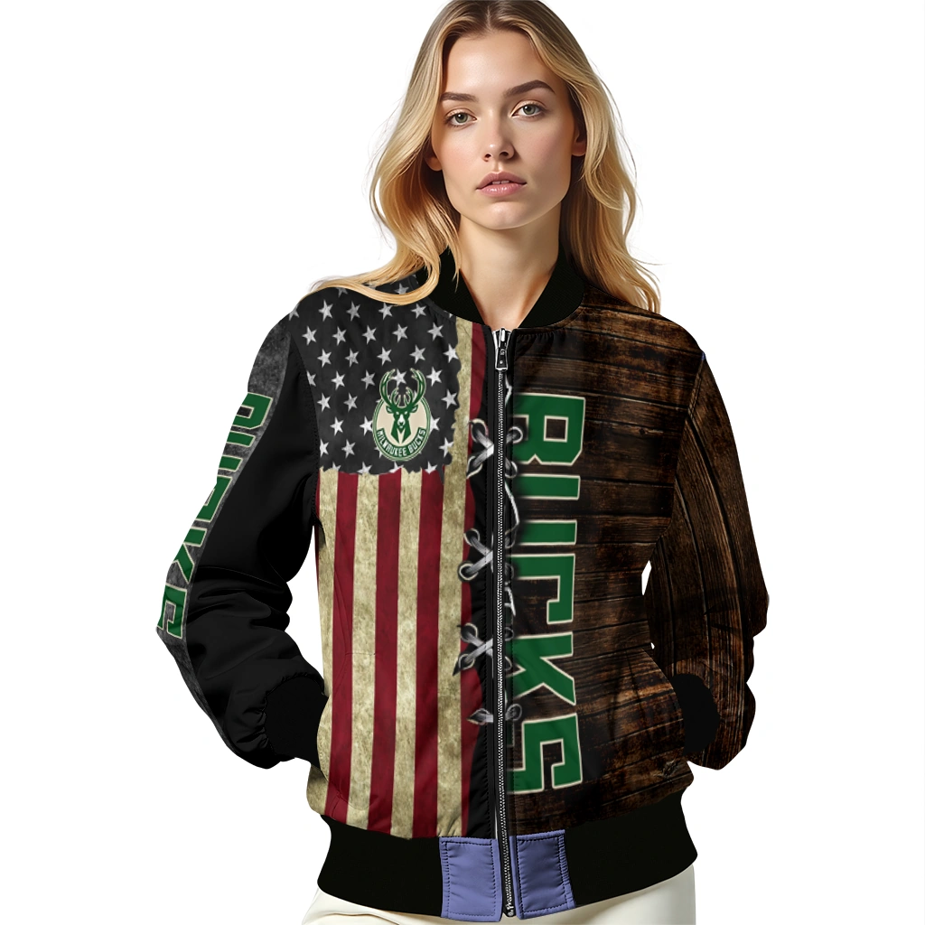 personalized milwaukee bucks flag wood brown bomber jacket latest model personalized milwaukee bucks flag wood brown bomber jacket latest model