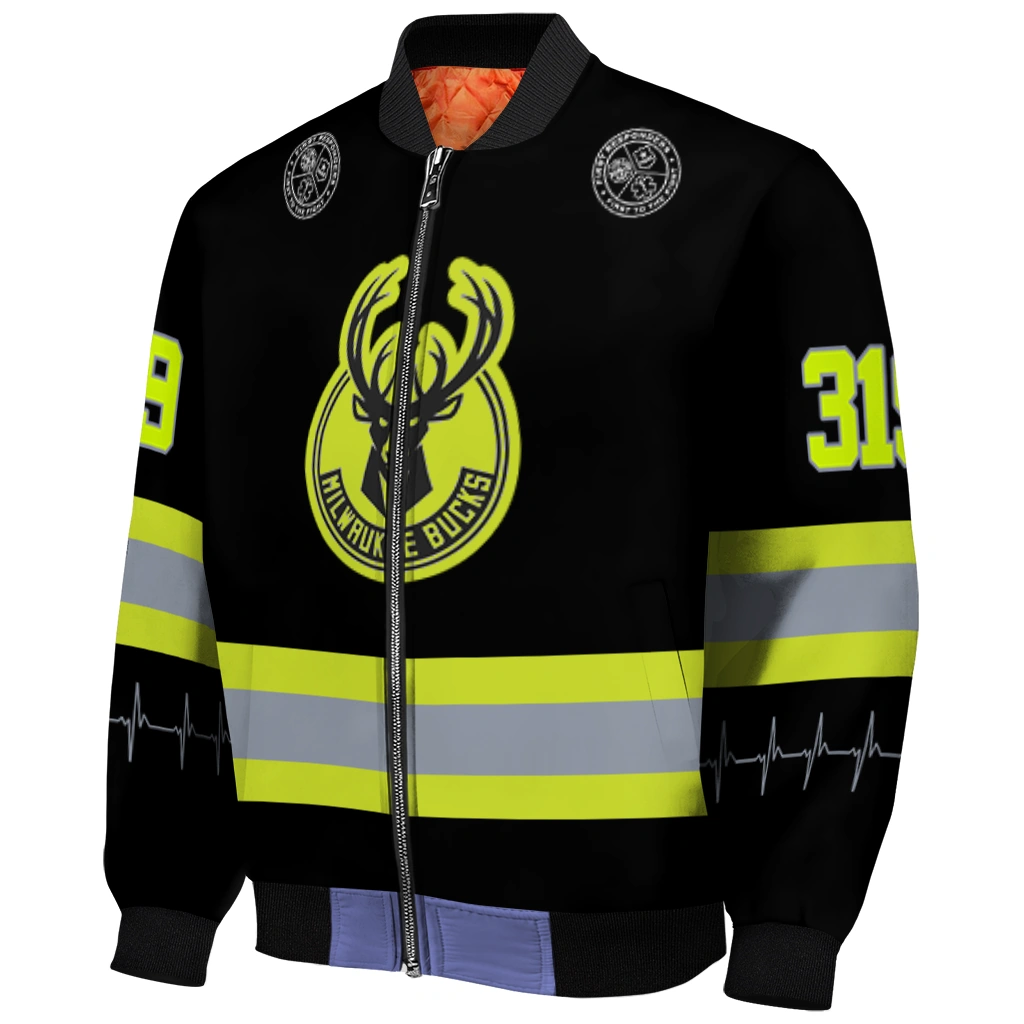 personalized milwaukee bucks heartbeat accent black green bomber jacket fashion forward personalized milwaukee bucks heartbeat accent black green bomber jacket fashion forward