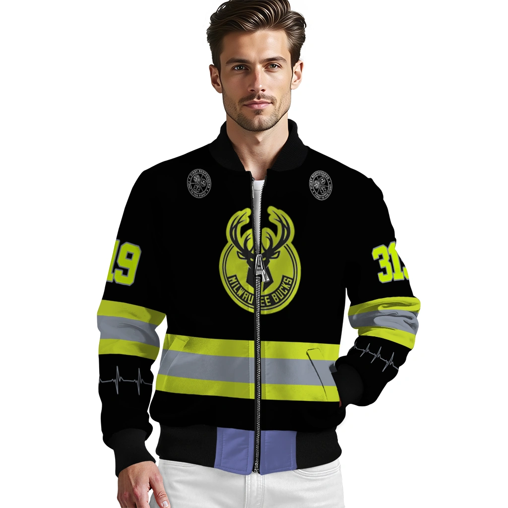 personalized milwaukee bucks heartbeat accent black green bomber jacket high quality personalized milwaukee bucks heartbeat accent black green bomber jacket high quality