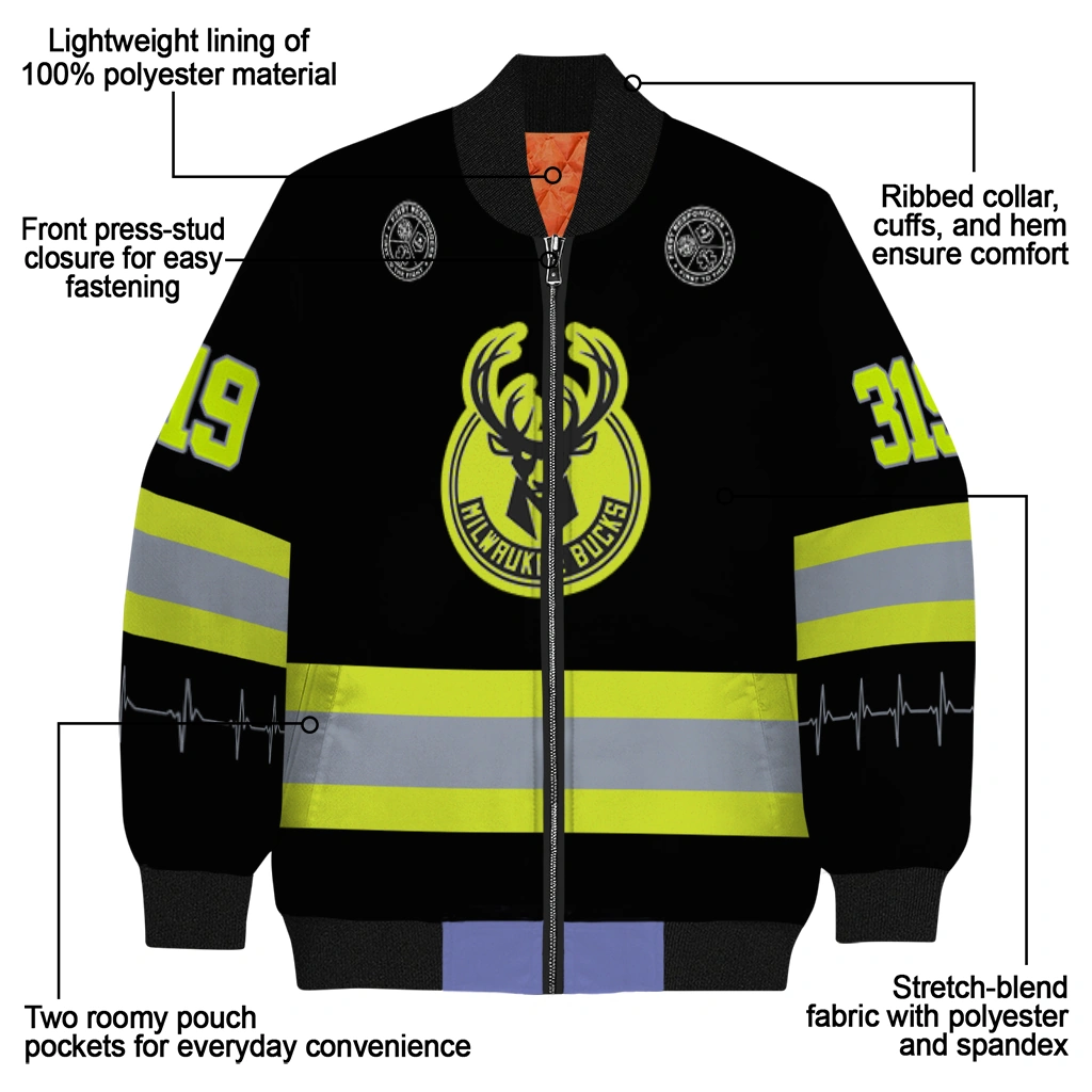 personalized milwaukee bucks heartbeat accent black green bomber jacket new arrival personalized milwaukee bucks heartbeat accent black green bomber jacket new arrival