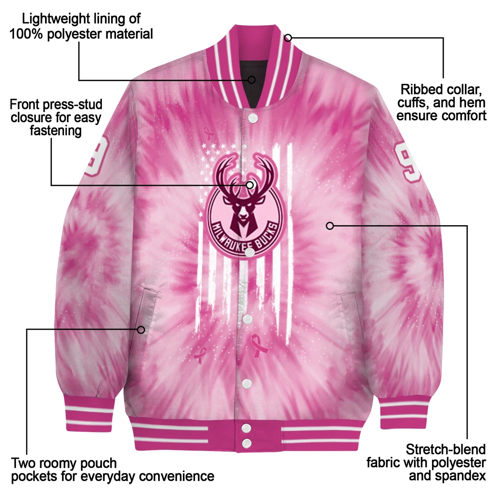 personalized milwaukee bucks pink tie dye pink varsity jacket new arrival personalized milwaukee bucks pink tie dye pink varsity jacket new arrival