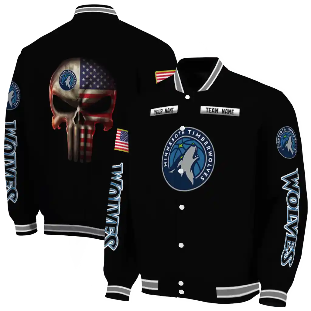 personalized minnesota timberwolves american flag skull black varsity jacket fashion forward personalized minnesota timberwolves american flag skull black varsity jacket fashion forward