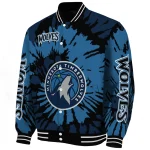 personalized minnesota timberwolves burst splatter midnight blue varsity jacket best selling