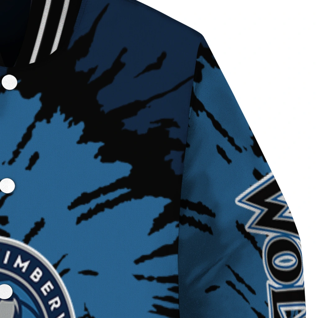 personalized minnesota timberwolves burst splatter midnight blue varsity jacket premium grade personalized minnesota timberwolves burst splatter midnight blue varsity jacket premium grade