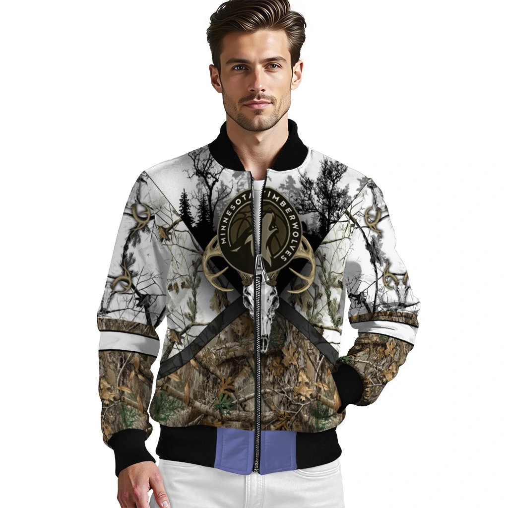personalized minnesota timberwolves deer skull camouflage white bomber jacket high quality personalized minnesota timberwolves deer skull camouflage white bomber jacket high quality