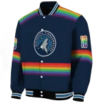 personalized minnesota timberwolves rainbow jersey number midnight blue varsity jacket best selling