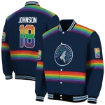 personalized minnesota timberwolves rainbow jersey number midnight blue varsity jacket best selling