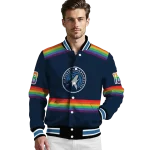 personalized minnesota timberwolves rainbow jersey number midnight blue varsity jacket best selling