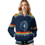 personalized minnesota timberwolves rainbow jersey number midnight blue varsity jacket best selling
