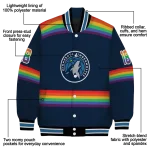 personalized minnesota timberwolves rainbow jersey number midnight blue varsity jacket best selling