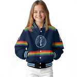 personalized minnesota timberwolves rainbow jersey number midnight blue varsity jacket best selling