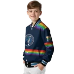 personalized minnesota timberwolves rainbow jersey number midnight blue varsity jacket best selling