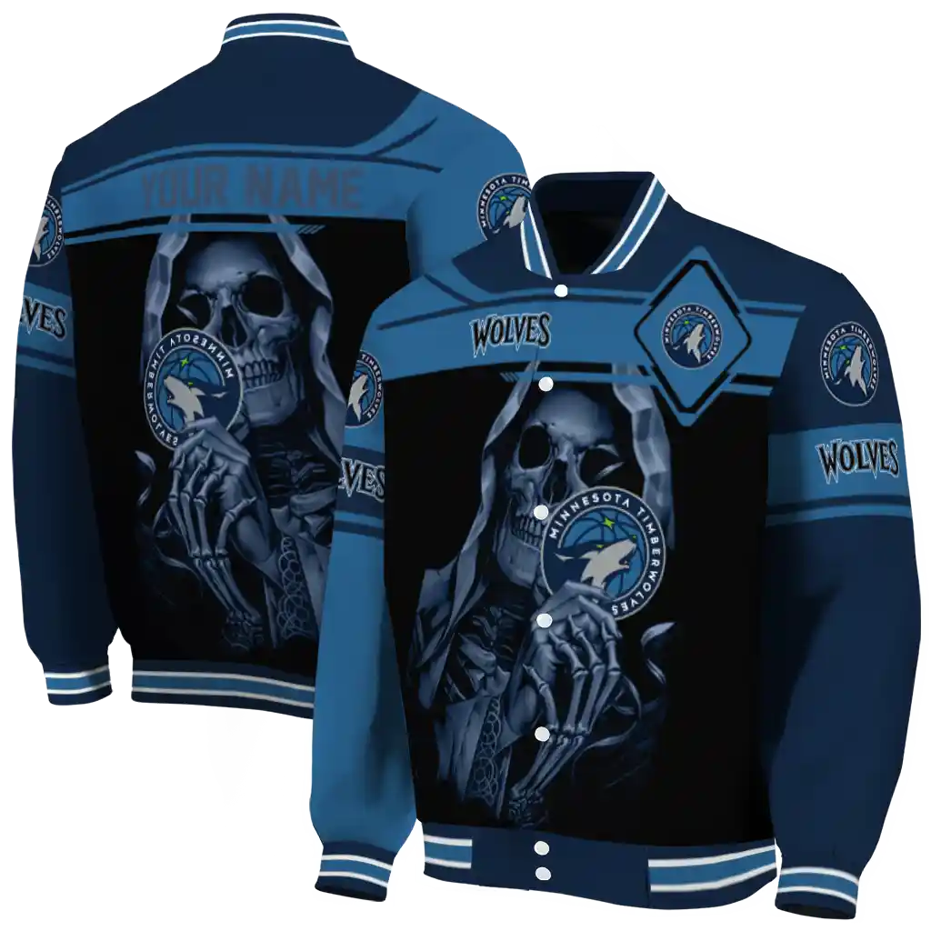 personalized minnesota timberwolves reaper hands midnight blue black varsity jacket fashion forward personalized minnesota timberwolves reaper hands midnight blue black varsity jacket fashion forward
