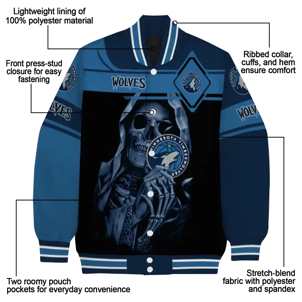 personalized minnesota timberwolves reaper hands midnight blue black varsity jacket new arrival personalized minnesota timberwolves reaper hands midnight blue black varsity jacket new arrival