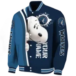 personalized minnesota timberwolves snoopy head midnight blue varsity jacket best selling