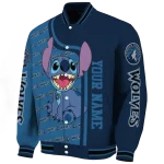 personalized minnesota timberwolves stitch laughing midnight blue varsity jacket best selling