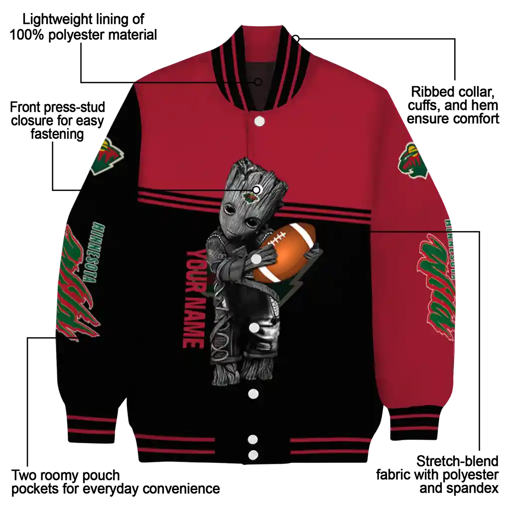 personalized minnesota wild groot football red black varsity jacket new arrival personalized minnesota wild groot football red black varsity jacket new arrival