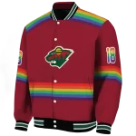 personalized minnesota wild rainbow jersey number red varsity jacket best selling