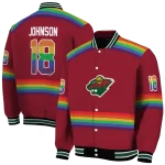 personalized minnesota wild rainbow jersey number red varsity jacket best selling