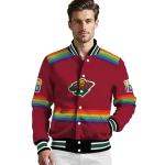 personalized minnesota wild rainbow jersey number red varsity jacket best selling