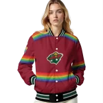 personalized minnesota wild rainbow jersey number red varsity jacket best selling