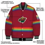 personalized minnesota wild rainbow jersey number red varsity jacket best selling