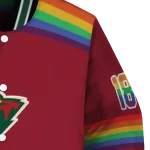 personalized minnesota wild rainbow jersey number red varsity jacket best selling