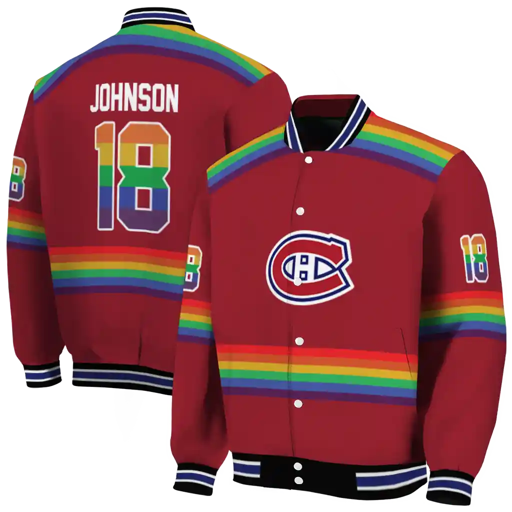 personalized montreal canadiens rainbow jersey number red varsity jacket fashion forward personalized montreal canadiens rainbow jersey number red varsity jacket fashion forward
