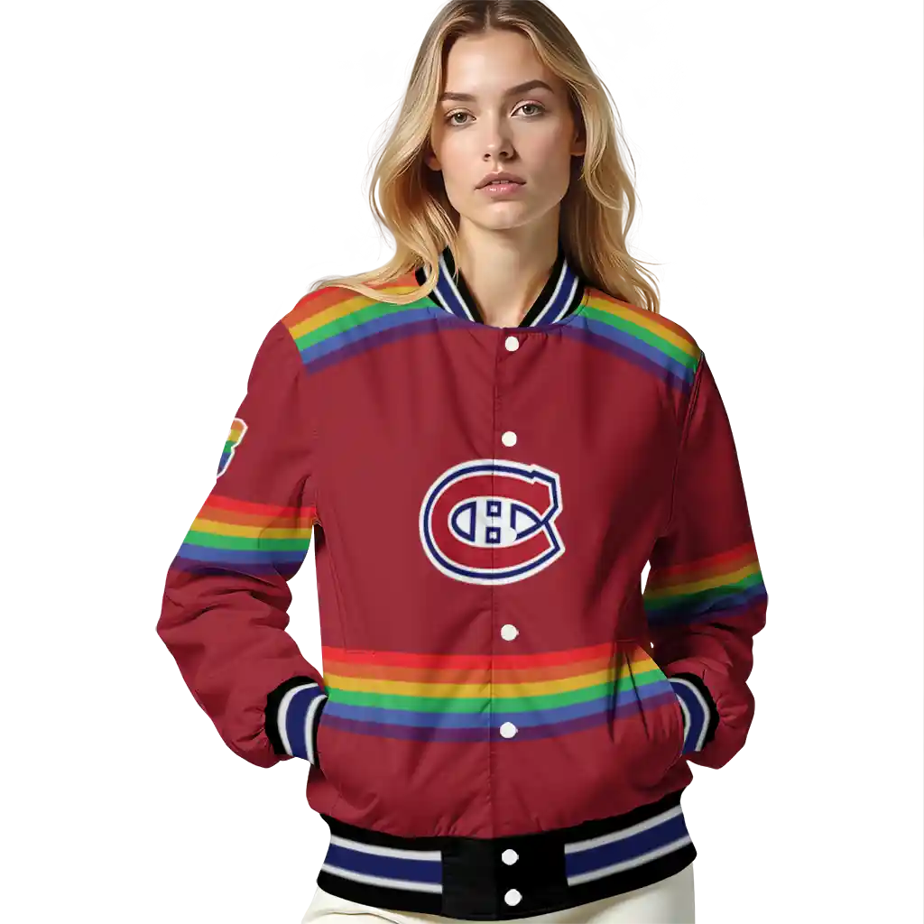 personalized montreal canadiens rainbow jersey number red varsity jacket latest model personalized montreal canadiens rainbow jersey number red varsity jacket latest model