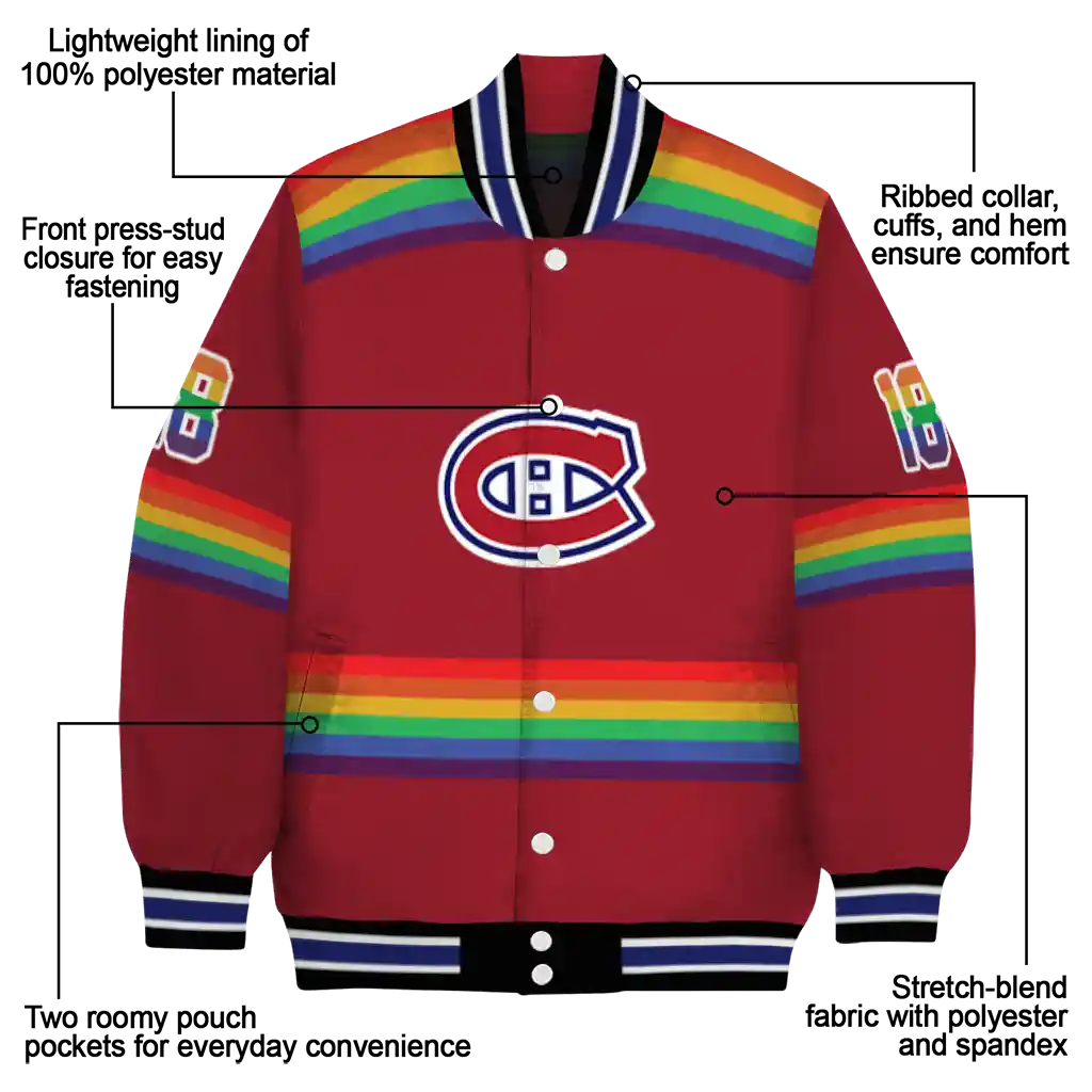 personalized montreal canadiens rainbow jersey number red varsity jacket new arrival personalized montreal canadiens rainbow jersey number red varsity jacket new arrival