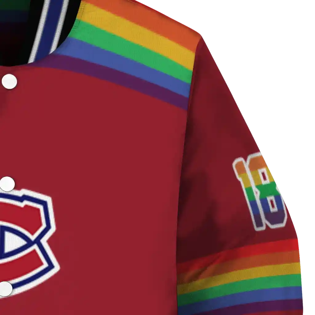 personalized montreal canadiens rainbow jersey number red varsity jacket premium grade personalized montreal canadiens rainbow jersey number red varsity jacket premium grade