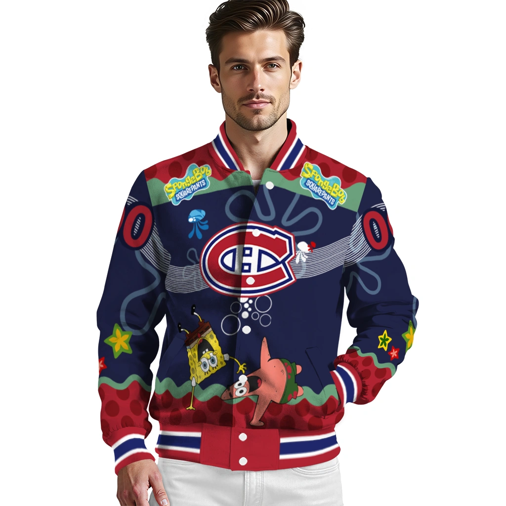 personalized montreal canadiens spongebob playtime red blue varsity jacket high quality personalized montreal canadiens spongebob playtime red blue varsity jacket high quality