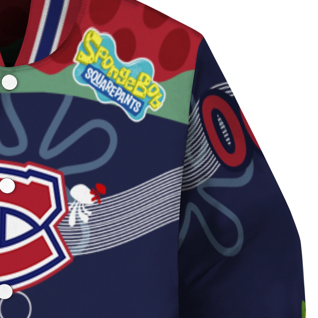personalized montreal canadiens spongebob playtime red blue varsity jacket premium grade personalized montreal canadiens spongebob playtime red blue varsity jacket premium grade