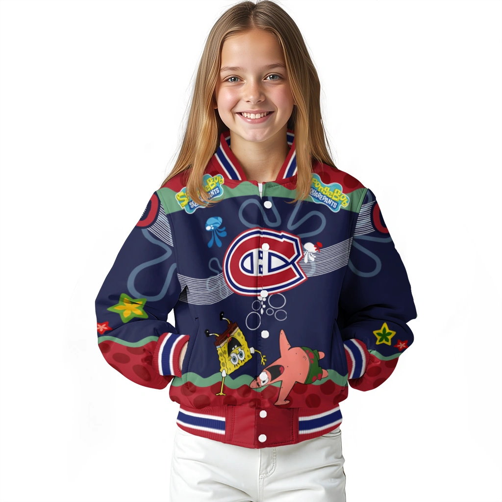 personalized montreal canadiens spongebob playtime red blue varsity jacket top rated personalized montreal canadiens spongebob playtime red blue varsity jacket top rated