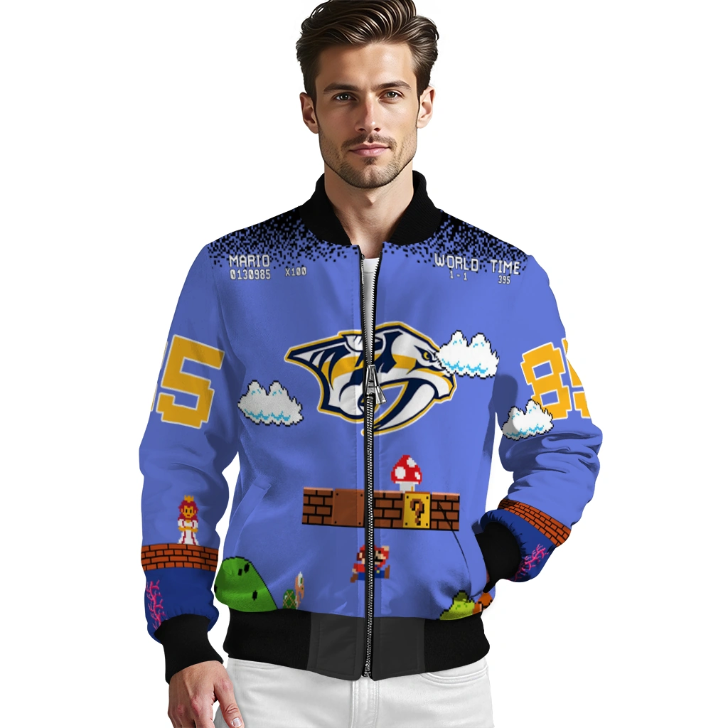 personalized nashville predators mario blocks blue black bomber jacket high quality personalized nashville predators mario blocks blue black bomber jacket high quality