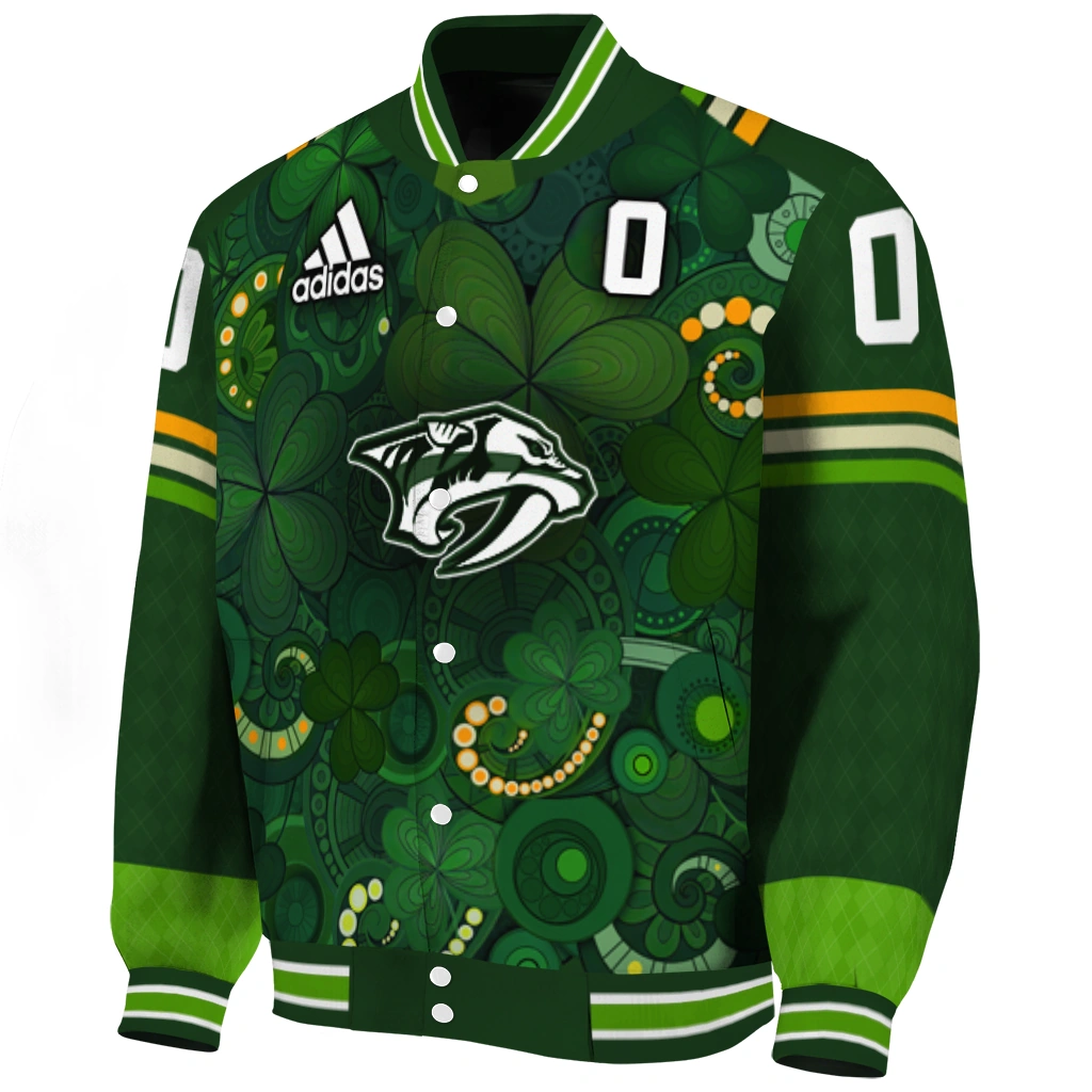 personalized nashville predators shamrock vortex green varsity jacket best selling personalized nashville predators shamrock vortex green varsity jacket best selling